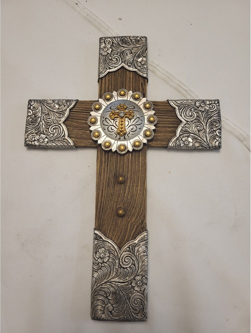 Handcrafted Wooden Wall Cross with Decorative Metal Accents
